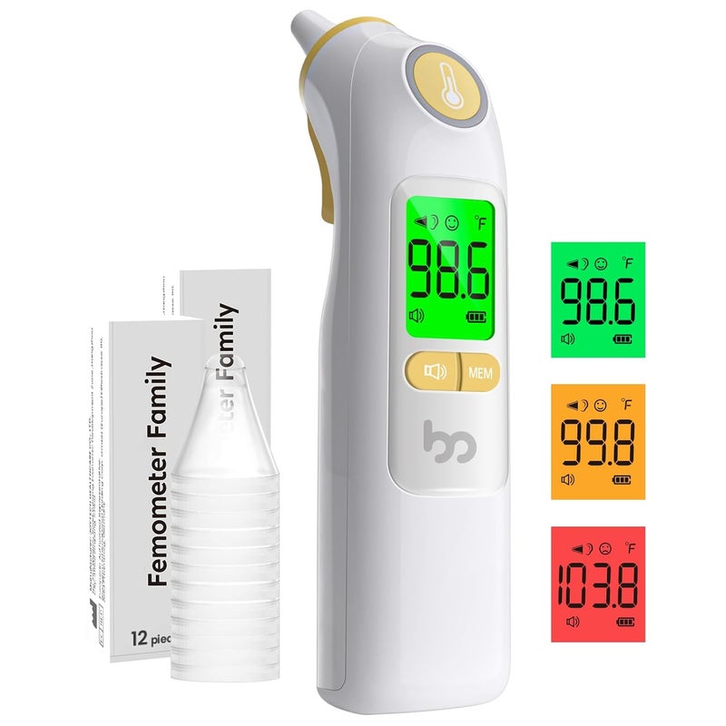 Femometer Ear Thermometer, Highly Accurate Ear Thermometer for Kids, Adults and Babies, 30 Memory Recall, 1s Result and 3-Color Fever Alert, with 24 Disposable Probe Covers, Yellow - Image 1